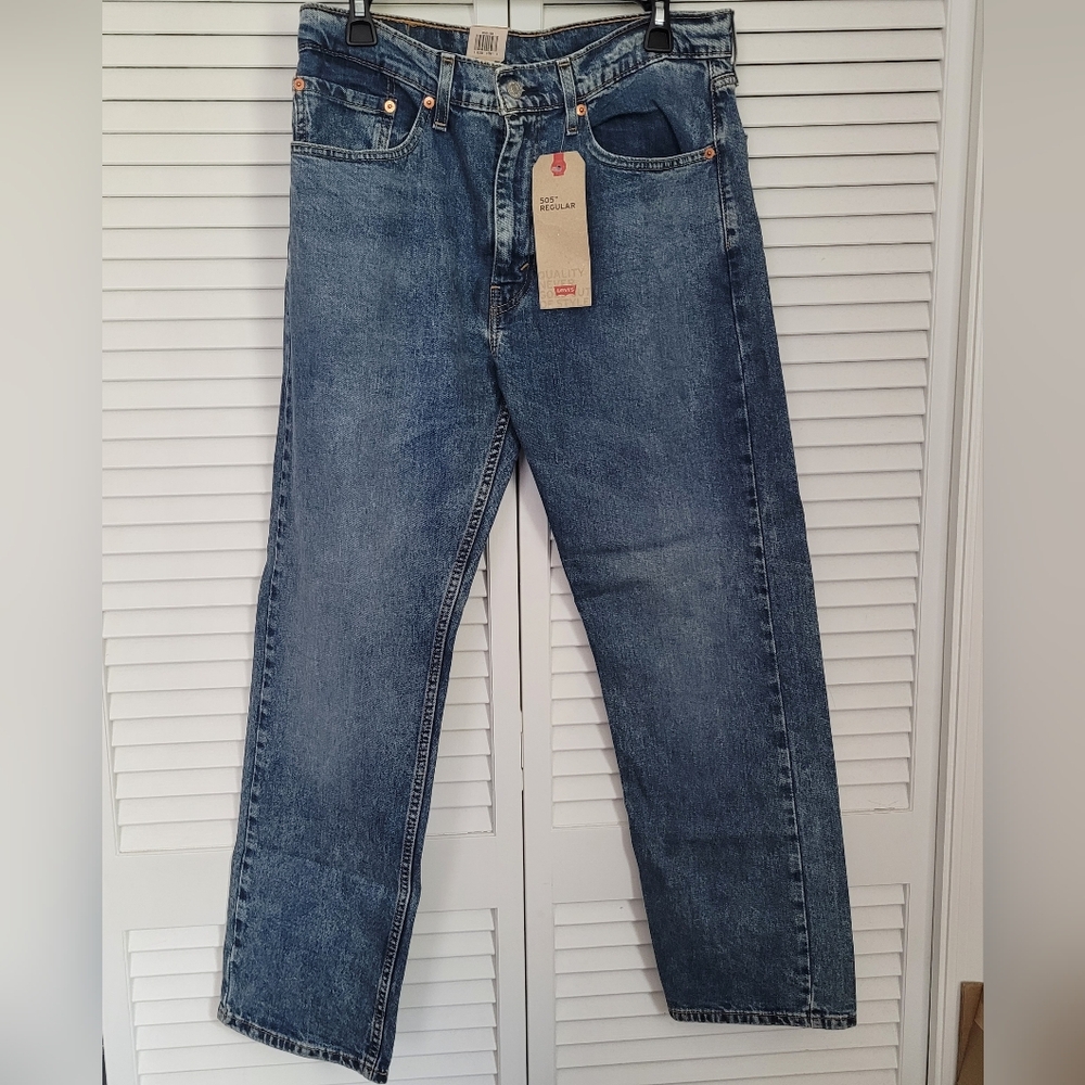 Levi's 505 Regular Jeans Mens 34x30 Blue Stretch Straight Leg Medium Wash Denim